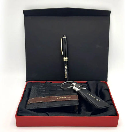 PERSONALIZED LEATHER CROCDILE STYLE WALLET KEYCHAIN PEN SET - ShinnyArts