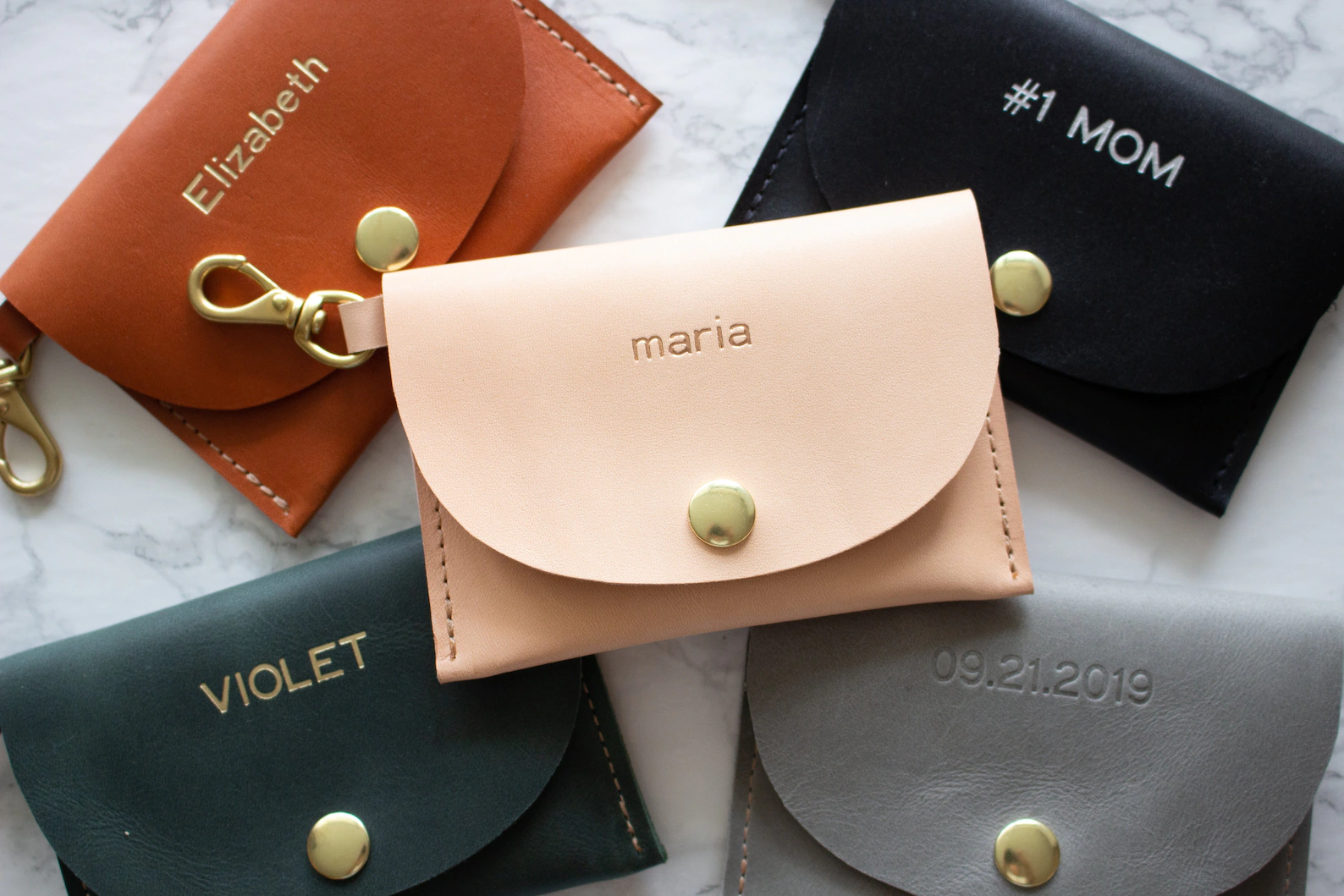 PERSONALIZED MINI LEATHER WALLET & KEYCHAIN WRISTLET - PINK