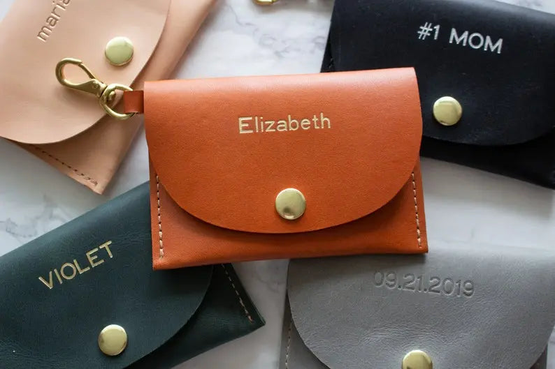 PERSONALIZED MINI LEATHER WALLET & KEYCHAIN WRISTLET - CARAMEL BROWN - ShinnyArts
